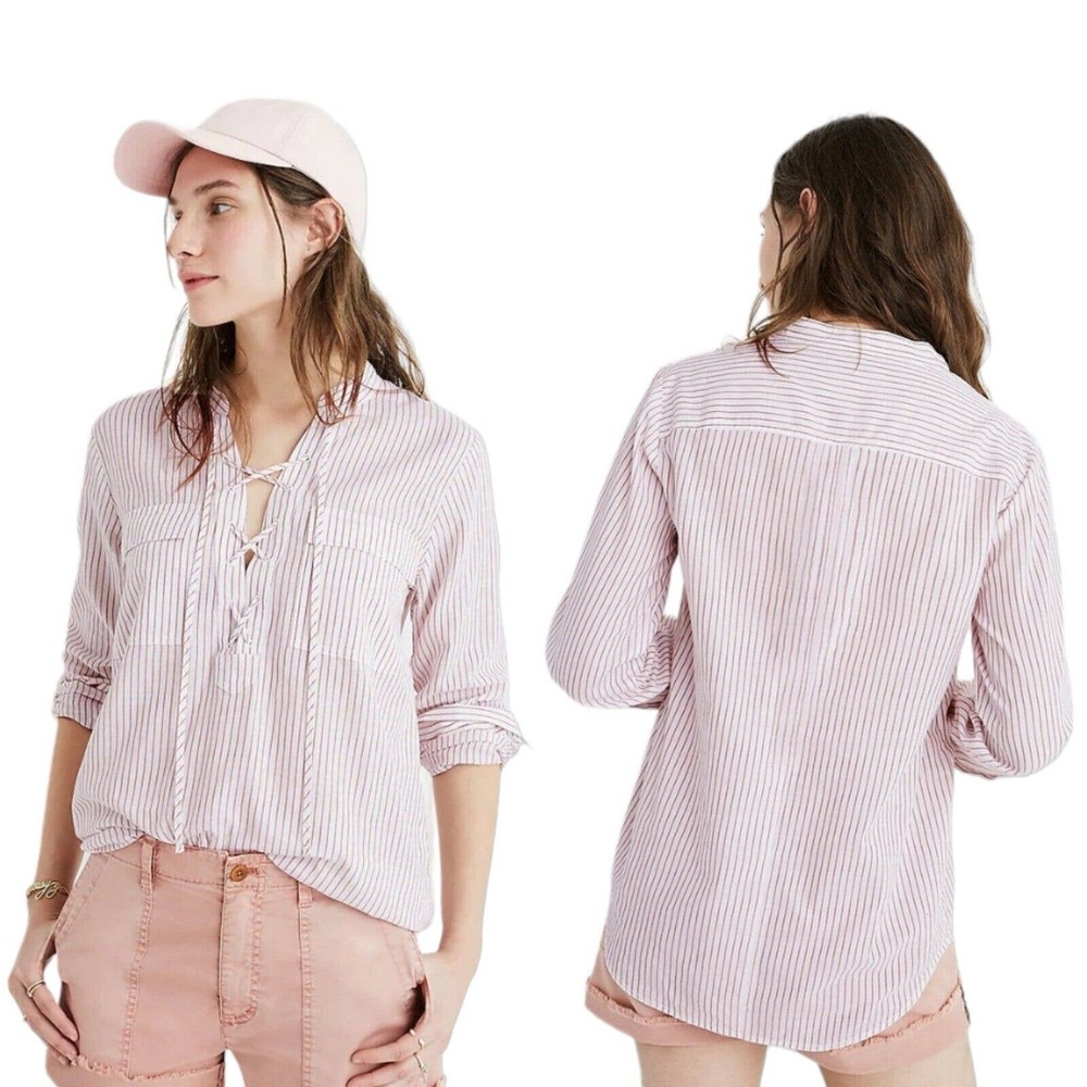 Madewell Womens Top Terrace Lace Up Shirt Vera Stripe Red White Coastal Blouse L - Picture 1 of 12